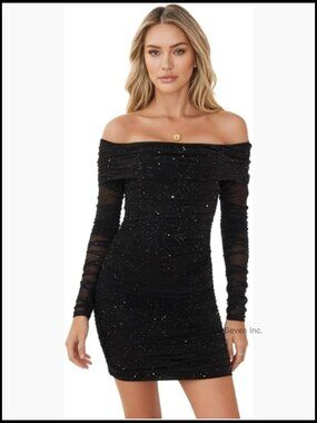 Sequin Mesh Off Shoulder Long Sleeve Ruched Mini Bodycon Dress